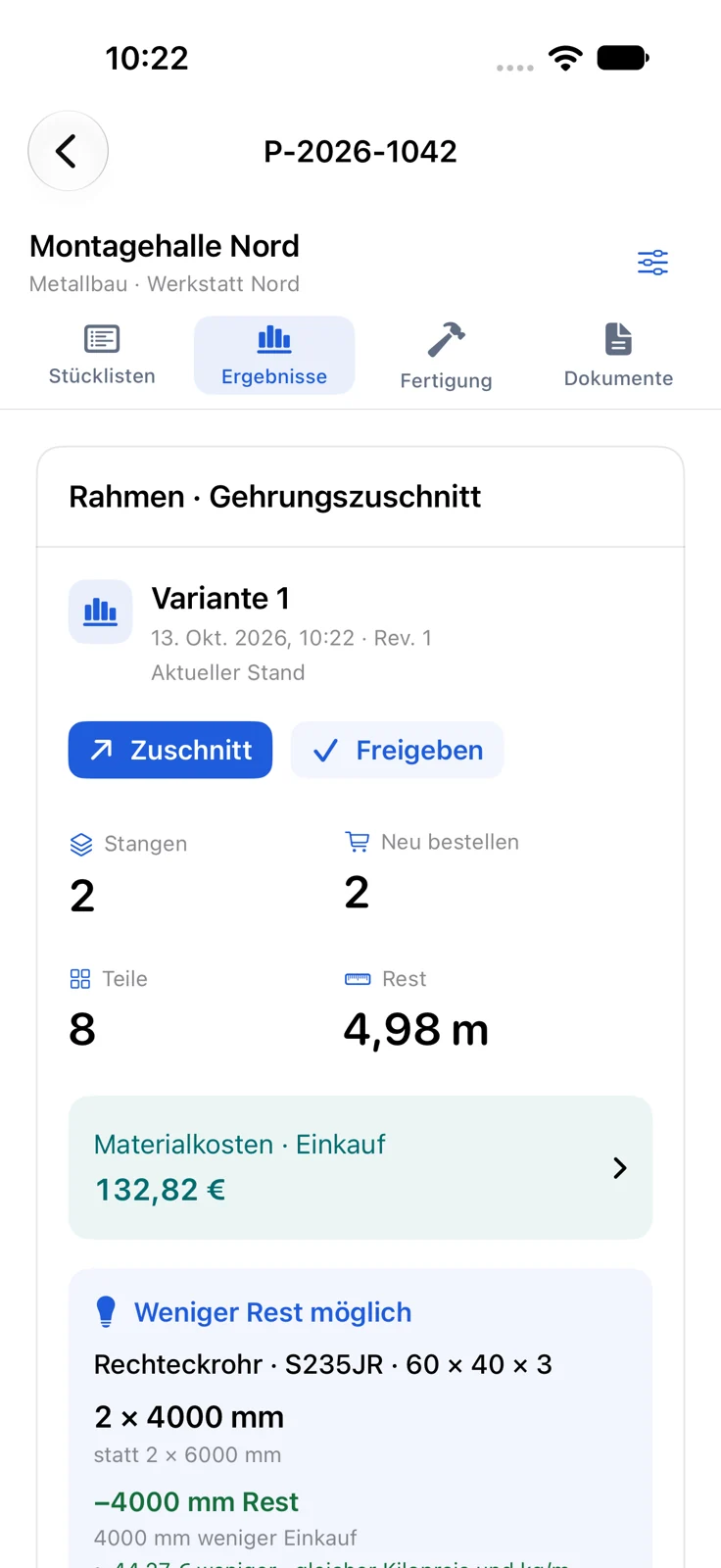 CutMatryx auf dem iPhone mit Zuschnittvariante und Materialkosten